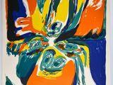 an image of a painting of a colorful flower in a white frame