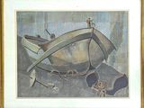 tableau encadré représentant un bateau et une paire de chaussures