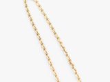 a close up of a gold necklace with a chain on a white background