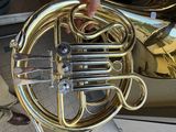 a person holding a brass french horn in their hand
