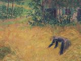 a painting of a person in a field with a horse