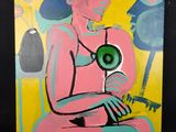 tableau représentant une femme assise sur une chaise devant un miroir