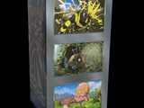 a refrigerator with three pictures of pokemons on it