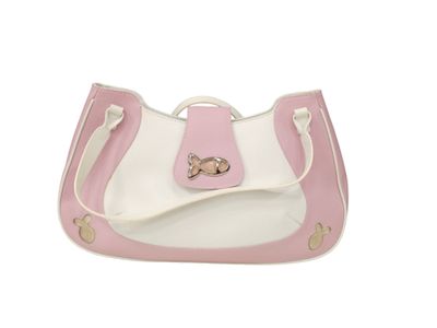 pink and white handbag with a teddy bear on the front