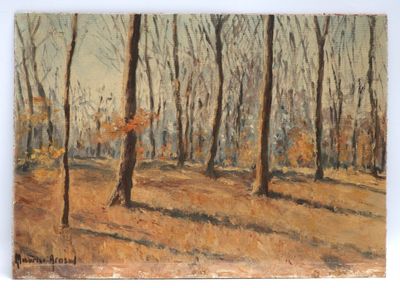 an oil painting of trees in a wooded area with no leaves on them