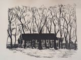 an image of a black and white drawing of a house in the woods