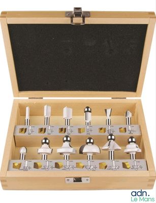 a wooden box with a set of drill heads in it