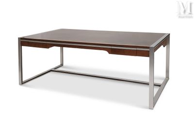 an image of a wooden desk with metal legs and a wooden top