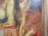 painting of a woman sitting at a table in front of a computer