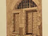 drawing of a doorway in a stone building with a window