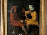 tableau représentant deux hommes assis à une table devant une tasse de thé