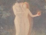 painting of a woman holding an apple in her right hand