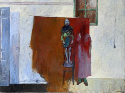 un tableau représentant un homme et une femme debout devant une fenêtre