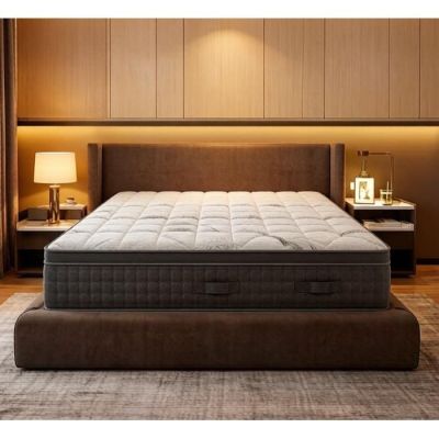 an image of a bed with a mattress and a night stand