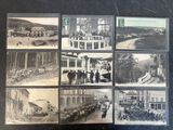 several old black and white photographs of people and vehicles in a town