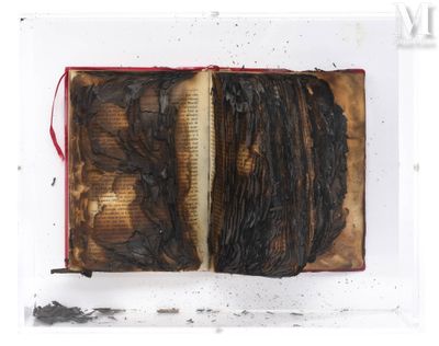 un livre ouvert aux pages brûlées posé sur une surface blanche