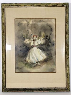 painting of a woman in a white dress holding a bird in her right hand