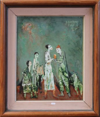 painting of a group of people standing in front of a green wall