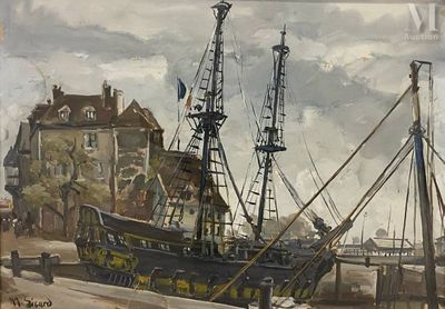 a painting of a boat that is docked in the water