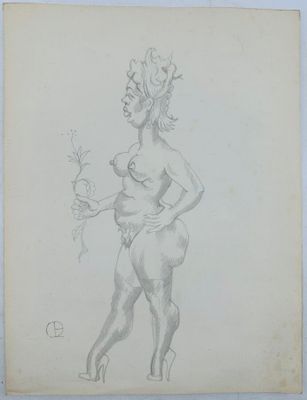 un dessin représentant une femme nue tenant une fleur à la main