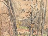 a painting of a dirt road with trees on both sides