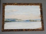an oil painting of a view of a lake with a mountain in the distance