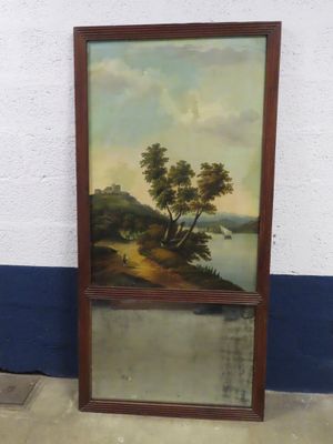 tableau représentant un paysage avec une rivière et un arbre, dans un cadre en bois