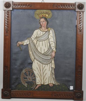 an old painting of a woman in a white dress with a crown on her head
