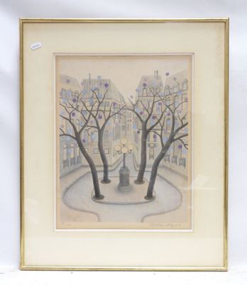 framed painting of a street scene with trees and a lamp post