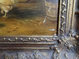 un tableau représentant un coq et une poule dans une grange