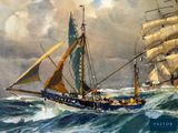 a painting of two ships sailing in the ocean
