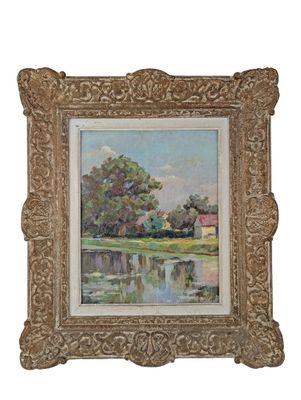 l'image d'une peinture représentant une rivière avec des arbres en arrière-plan