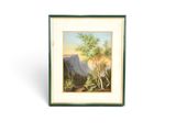 peinture représentant un paysage de montagne avec des arbres et des montagnes en arrière-plan