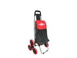 the shopping cart is red and black with a black handle