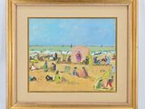 tableau représentant une scène de plage avec des personnes sur le sable et des parasols