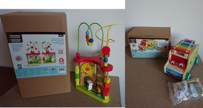 two pictures of a box with a toy inside of it