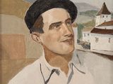 painting of a man in a hat and white shirt in front of a church