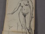 drawing of a nude woman standing in front of a drawing of a man