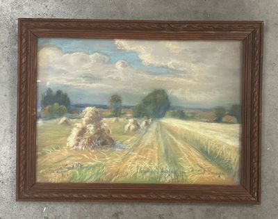 une peinture à l'huile représentant une scène de vie à la ferme, avec des balles de foin au premier plan
