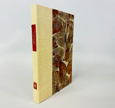 un livre à la couverture en pierre posé sur une surface blanche