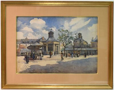 tableau représentant une scène de rue avec des passants et une tour horloge en arrière-plan