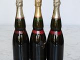 three bottles of champagne are lined up on a marble surface