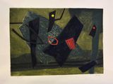 an image of a painting of a black cat on a green background