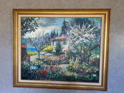 tableau à l'huile encadré représentant une scène de jardin avec une maison en arrière-plan