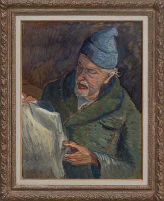 an oil painting of a man reading a newspaper with a blue hat