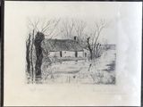pencil drawing of a house in a snowy field with trees in the foreground