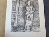 a drawing of a man standing in front of a door