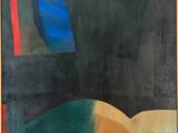 une peinture abstraite représentant une œuvre aux couleurs noir, bleu, rouge et jaune