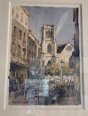 une photo d'un tableau représentant une église dans une ville