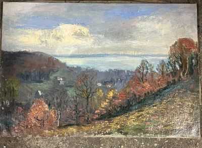 an oil painting of a view of a lake and a hill